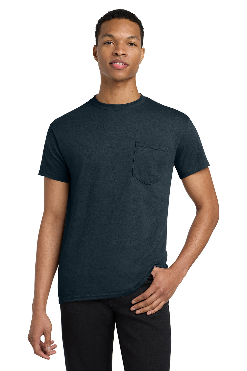 Gildan 5300/G530 Mens Short Sleeve Crewneck T-Shirt w/ Pocket Navy Blue Model Front