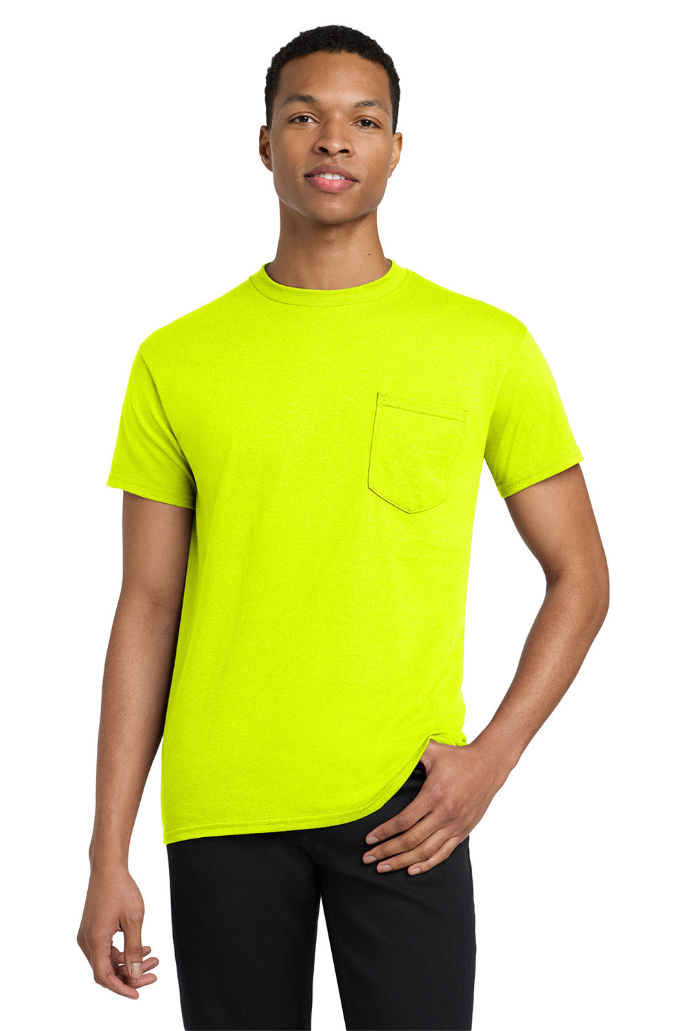 Gildan 5300/G530 Mens Short Sleeve Crewneck T-Shirt w/ Pocket Safety Green Model Front