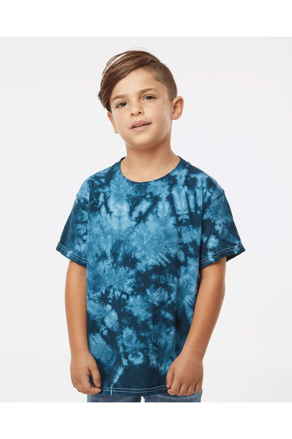 Dyenomite 20BCR Youth Crystal Tie Dyed Short Sleeve Crewneck T-Shirt Navy Blue Model Front