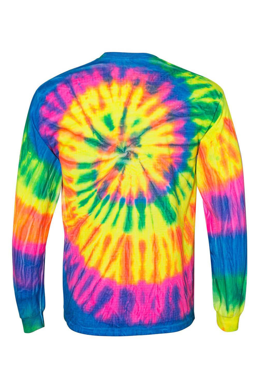 Dyenomite 240MS Mens Spiral Tie Dyed Long Sleeve Crewneck T-Shirt Fluorescent Rainbow Spiral Flat Back