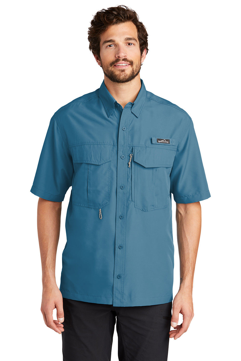 Eddie Bauer Mens Performance Fishing Moisture Wicking Short Sleeve Button  Down Shirt w/ Double Pockets - Gulf Teal Blue