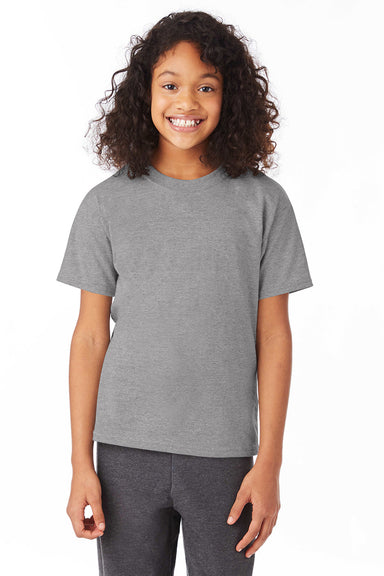 Hanes 5370 Youth EcoSmart Short Sleeve Crewneck T-Shirt Oxford Grey Model Front