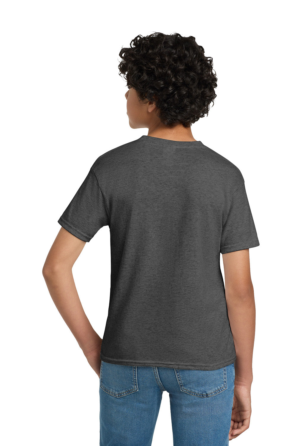 Hanes 5370 Youth EcoSmart Short Sleeve Crewneck T-Shirt Heather Charcoal Grey Model Back