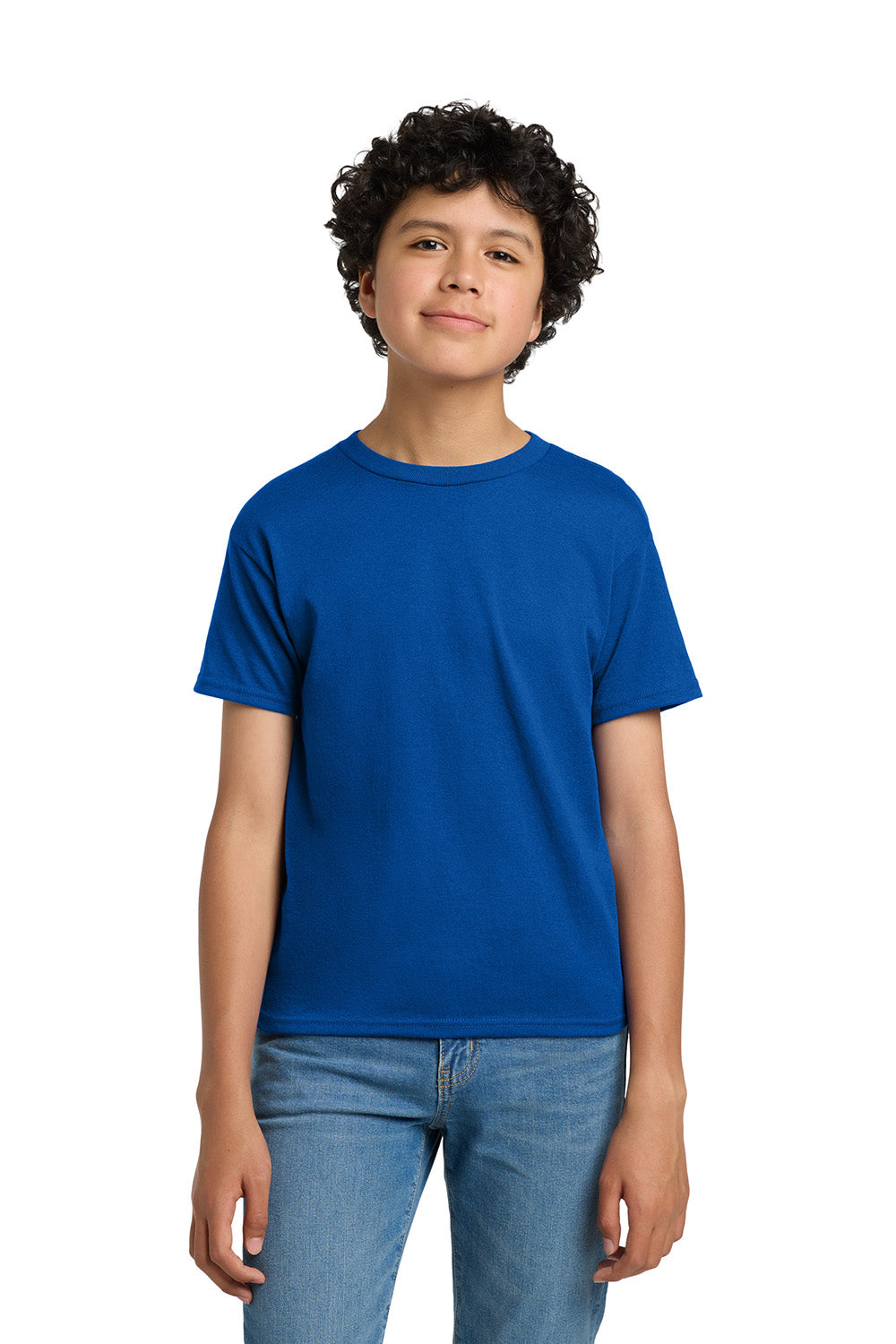 Hanes 5370 Youth EcoSmart Short Sleeve Crewneck T-Shirt Deep Royal Blue Model Front