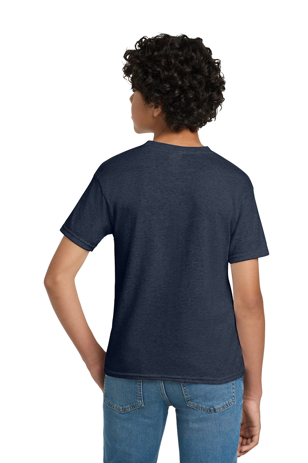 Hanes 5370 Youth EcoSmart Short Sleeve Crewneck T-Shirt Heather Navy Blue Model Back