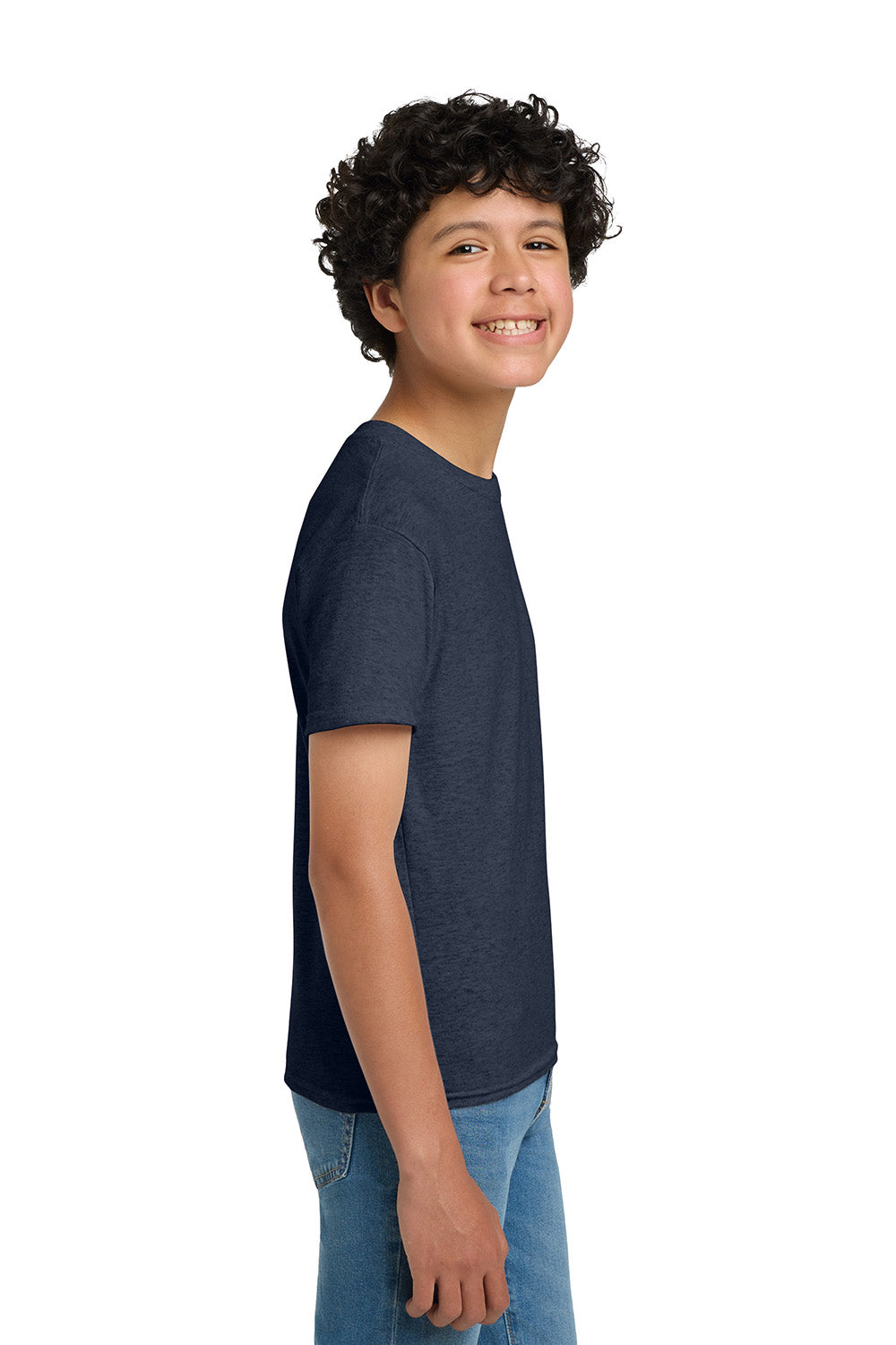 Hanes 5370 Youth EcoSmart Short Sleeve Crewneck T-Shirt Heather Navy Blue Model Side