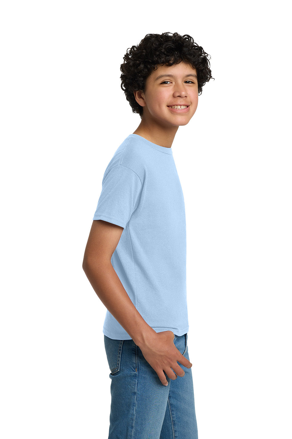 Hanes 5370 Youth EcoSmart Short Sleeve Crewneck T-Shirt Light Blue Model Side