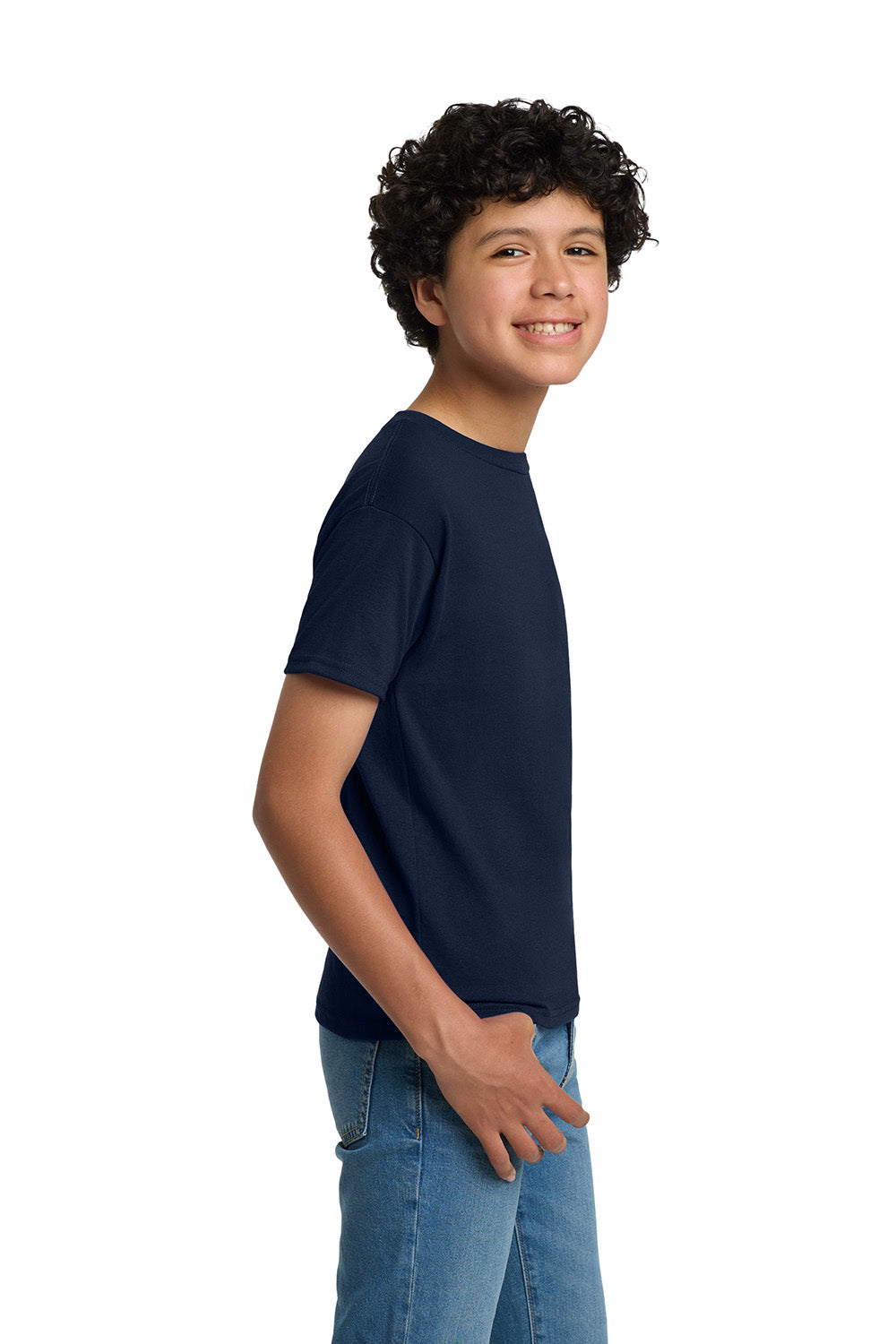 Hanes 5370 Youth EcoSmart Short Sleeve Crewneck T-Shirt Navy Blue Model Side