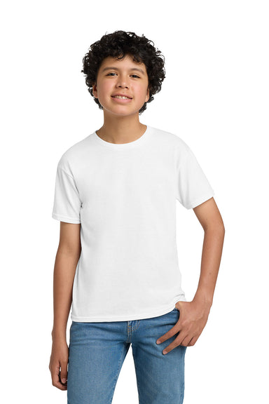 Hanes 5370 Youth EcoSmart Short Sleeve Crewneck T-Shirt White Model Front