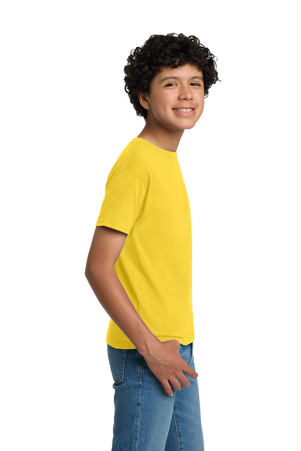 Hanes 5370 Youth EcoSmart Short Sleeve Crewneck T-Shirt Yellow Model Side