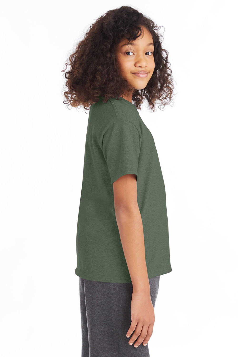 Hanes 5370 Youth EcoSmart Short Sleeve Crewneck T-Shirt Heather Green Model Side