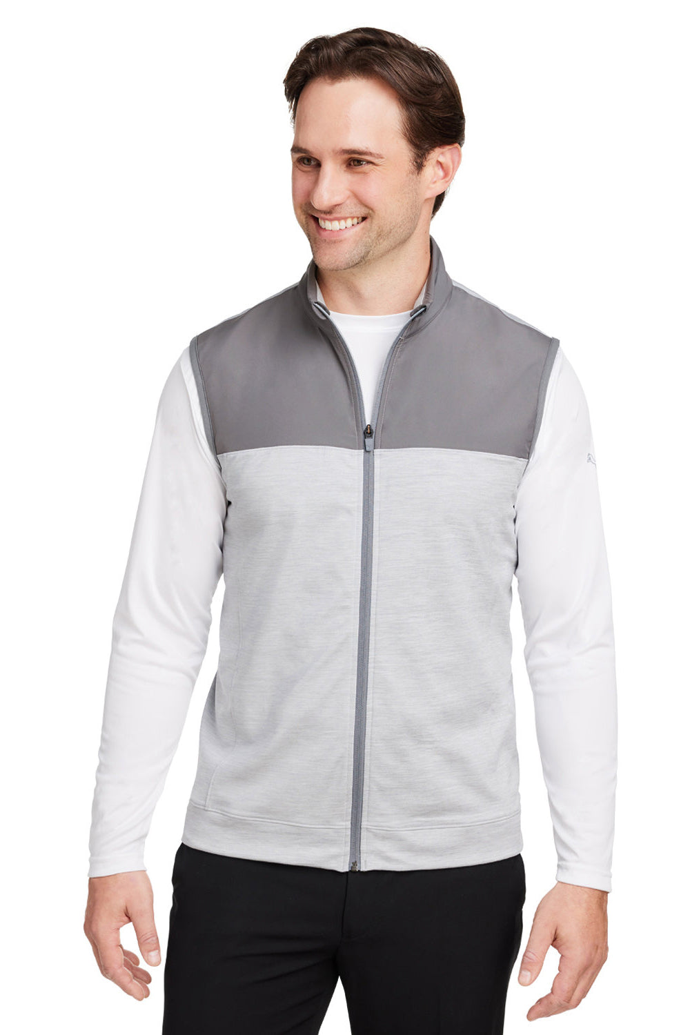 Puma 537465 Mens Cloudspun Moisture Wicking Colorblock Full Zip Vest Quiet Shade Grey/Heather High Rise Grey Model Front