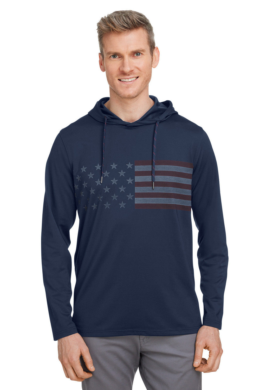 Puma 537474 Mens Volition Moisture Wicking Striped Hooded Sweatshirt Hoodie w/ Pocket Navy Blue Model Front