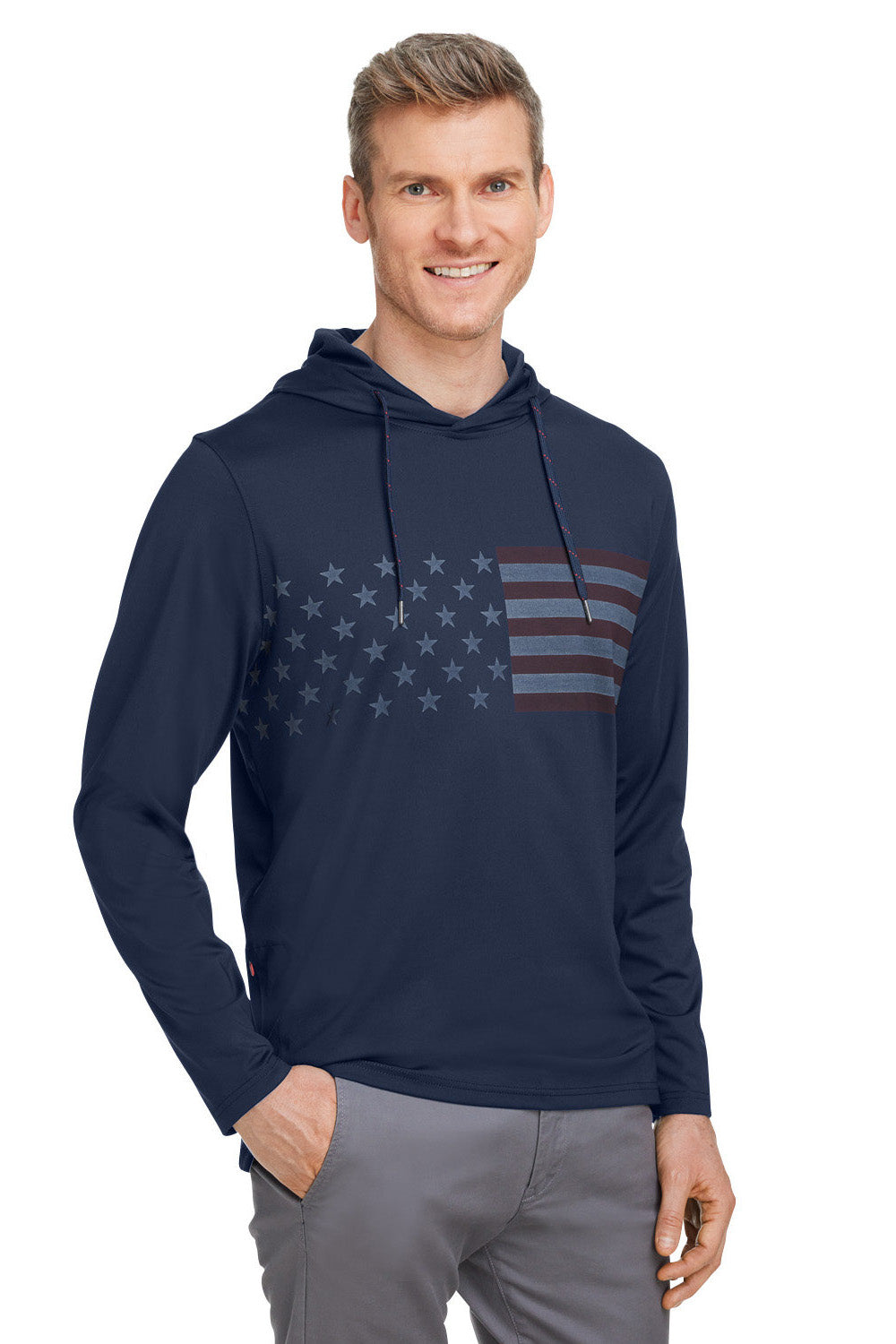 Puma 537474 Mens Volition Moisture Wicking Striped Hooded Sweatshirt Hoodie w/ Pocket Navy Blue Model 3q