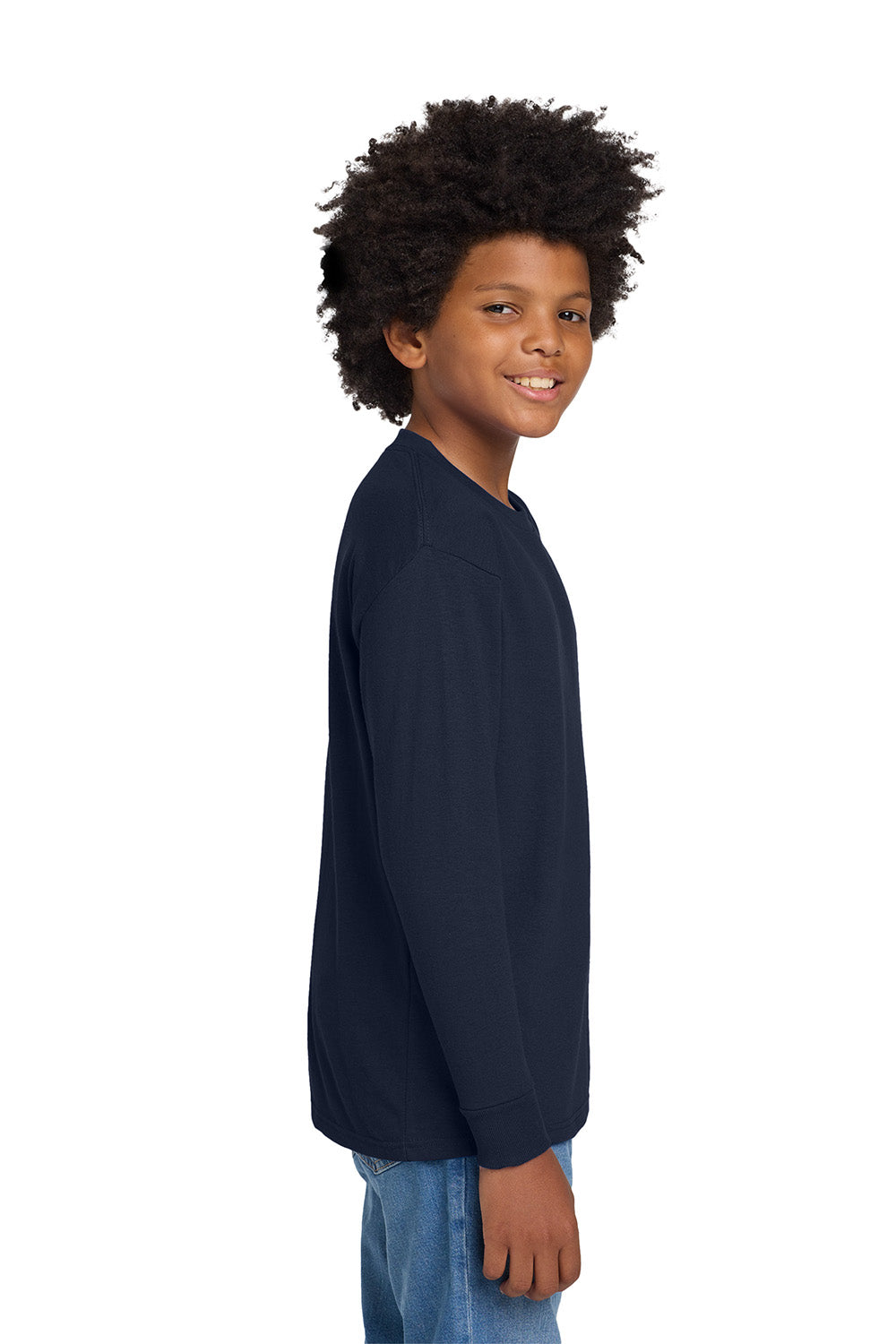 Gildan 5400B/G540B Youth Long Sleeve Crewneck T-Shirt Navy Blue Model Side