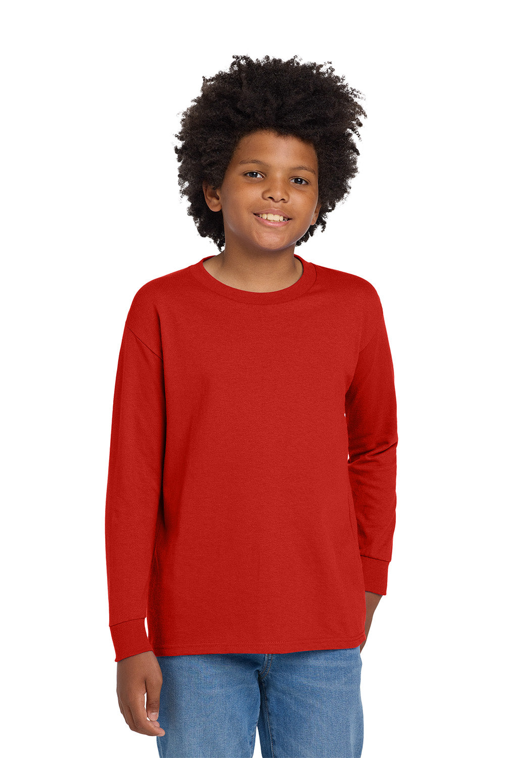 Gildan 5400B/G540B Youth Long Sleeve Crewneck T-Shirt Red Model Front