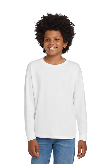 Gildan 5400B/G540B Youth Long Sleeve Crewneck T-Shirt White Model Front