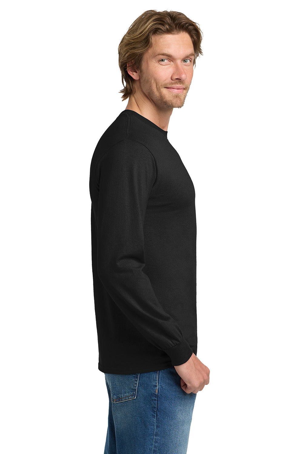 Gildan 5400/G540 Mens Long Sleeve Crewneck T-Shirt Black Model Side