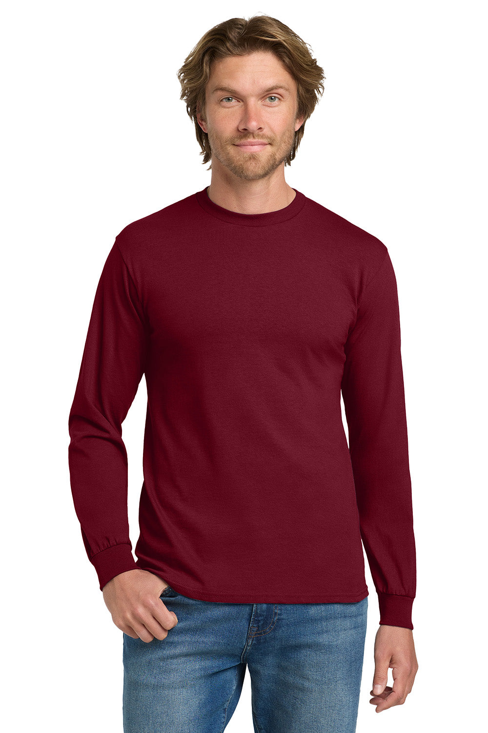 Gildan 5400/G540 Mens Long Sleeve Crewneck T-Shirt Cardinal Red Model Front