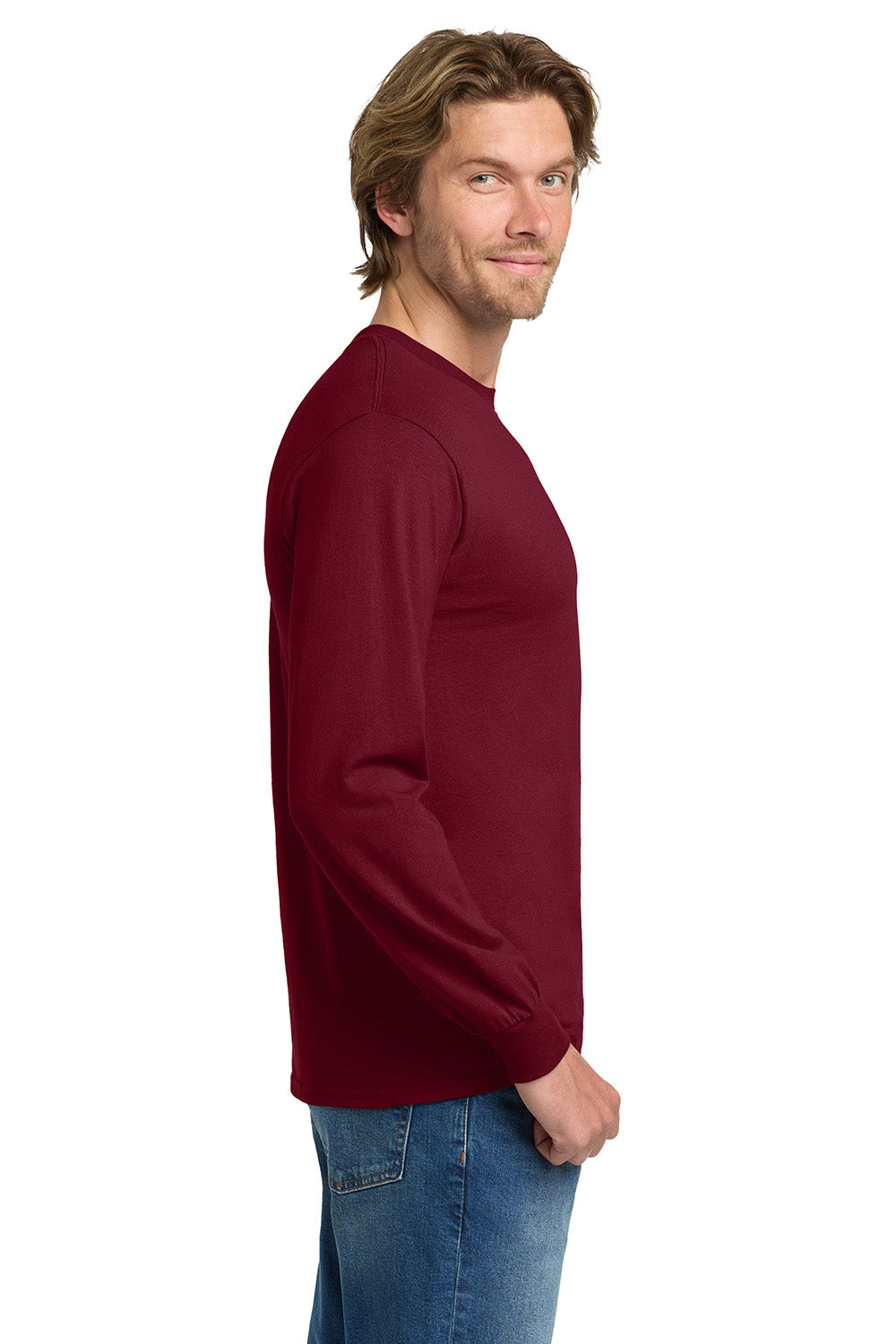 Gildan 5400/G540 Mens Long Sleeve Crewneck T-Shirt Cardinal Red Model Side