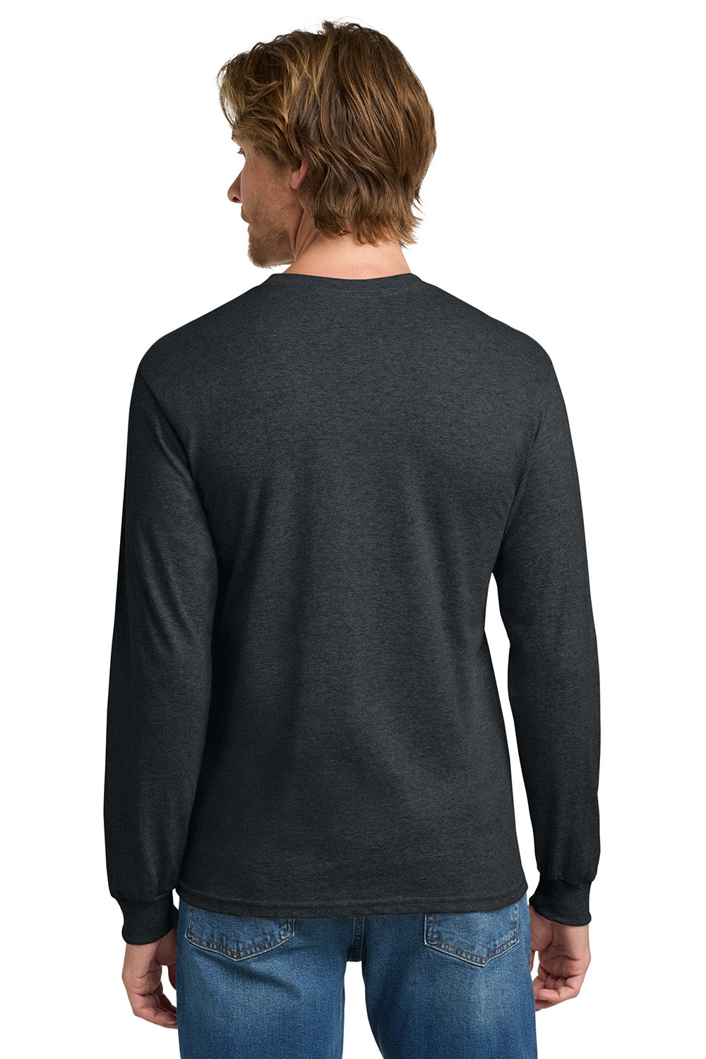 Gildan 5400/G540 Mens Long Sleeve Crewneck T-Shirt Heather Dark Grey Model Back