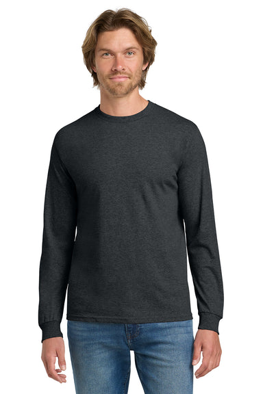 Gildan 5400/G540 Mens Long Sleeve Crewneck T-Shirt Heather Dark Grey Model Front