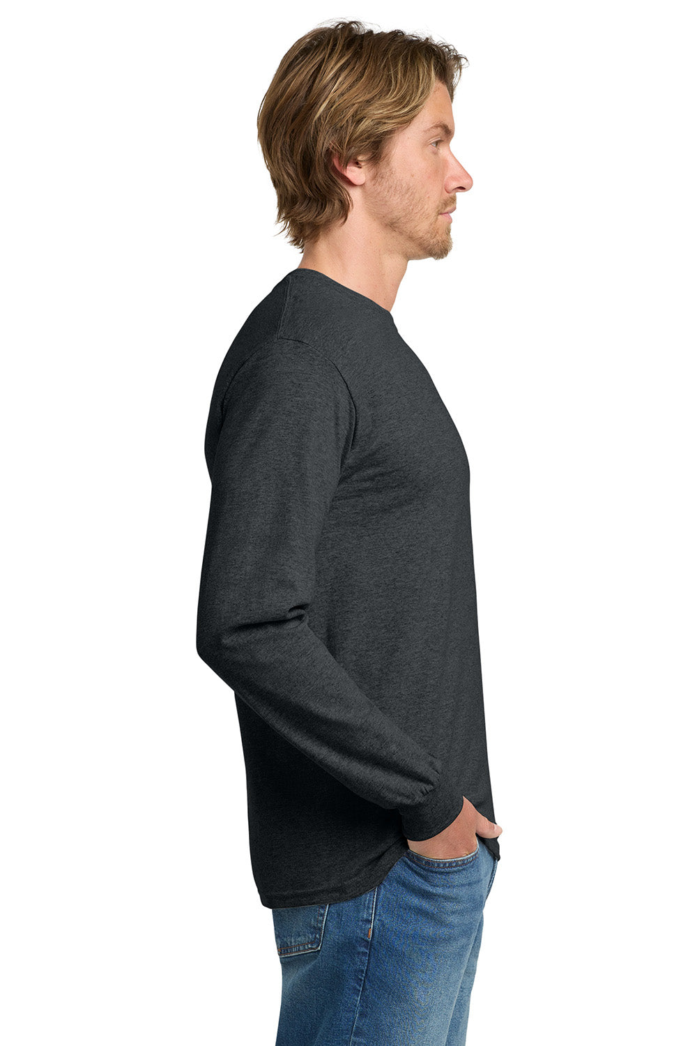 Gildan 5400/G540 Mens Long Sleeve Crewneck T-Shirt Heather Dark Grey Model Side