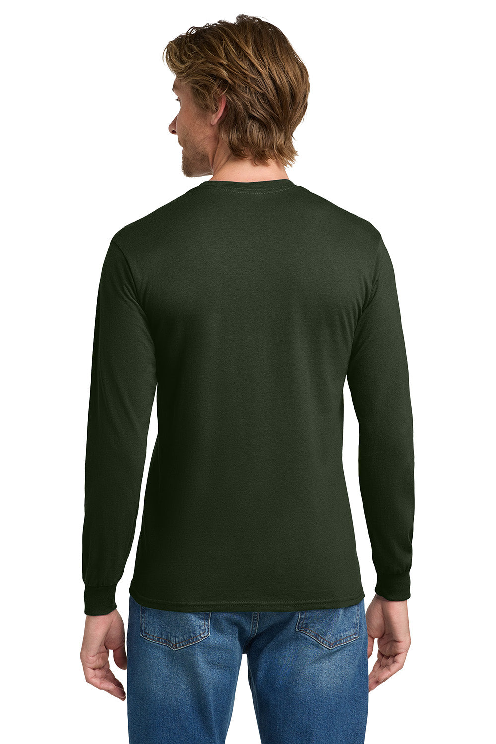 Gildan 5400/G540 Mens Long Sleeve Crewneck T-Shirt Forest Green Model Back