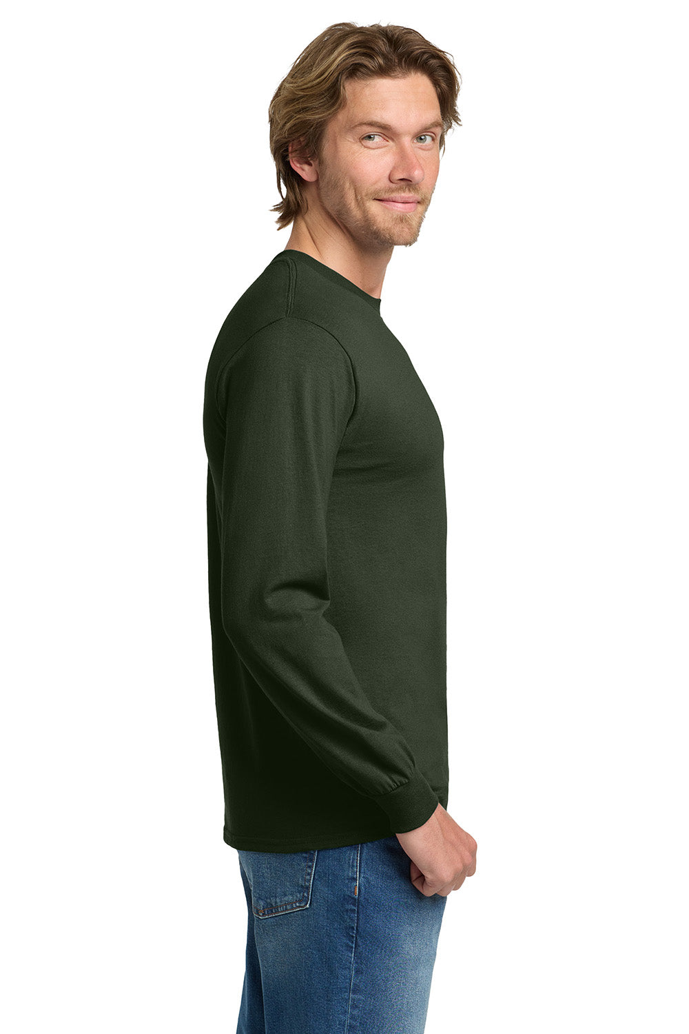 Gildan 5400/G540 Mens Long Sleeve Crewneck T-Shirt Forest Green Model Side