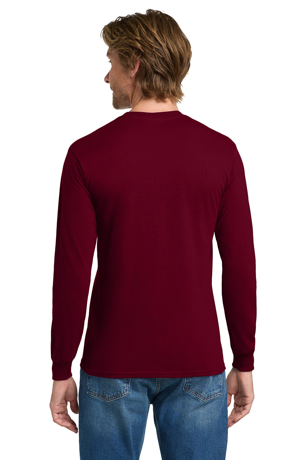 Gildan 5400/G540 Mens Long Sleeve Crewneck T-Shirt Garnet Red Model Back