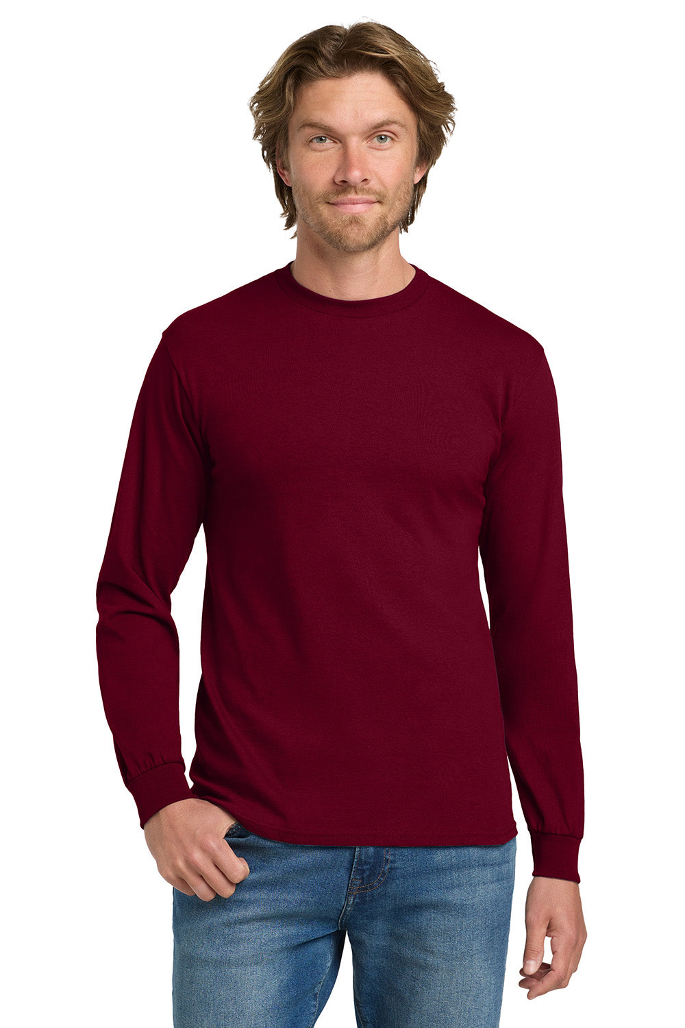 Gildan 5400/G540 Mens Long Sleeve Crewneck T-Shirt Garnet Red Model Front