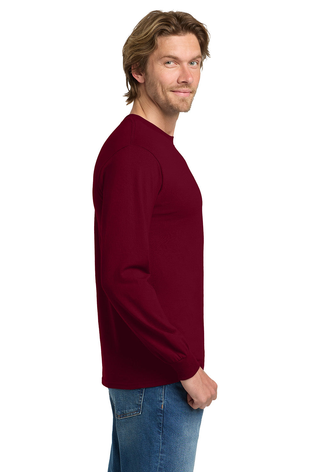 Gildan 5400/G540 Mens Long Sleeve Crewneck T-Shirt Garnet Red Model Side