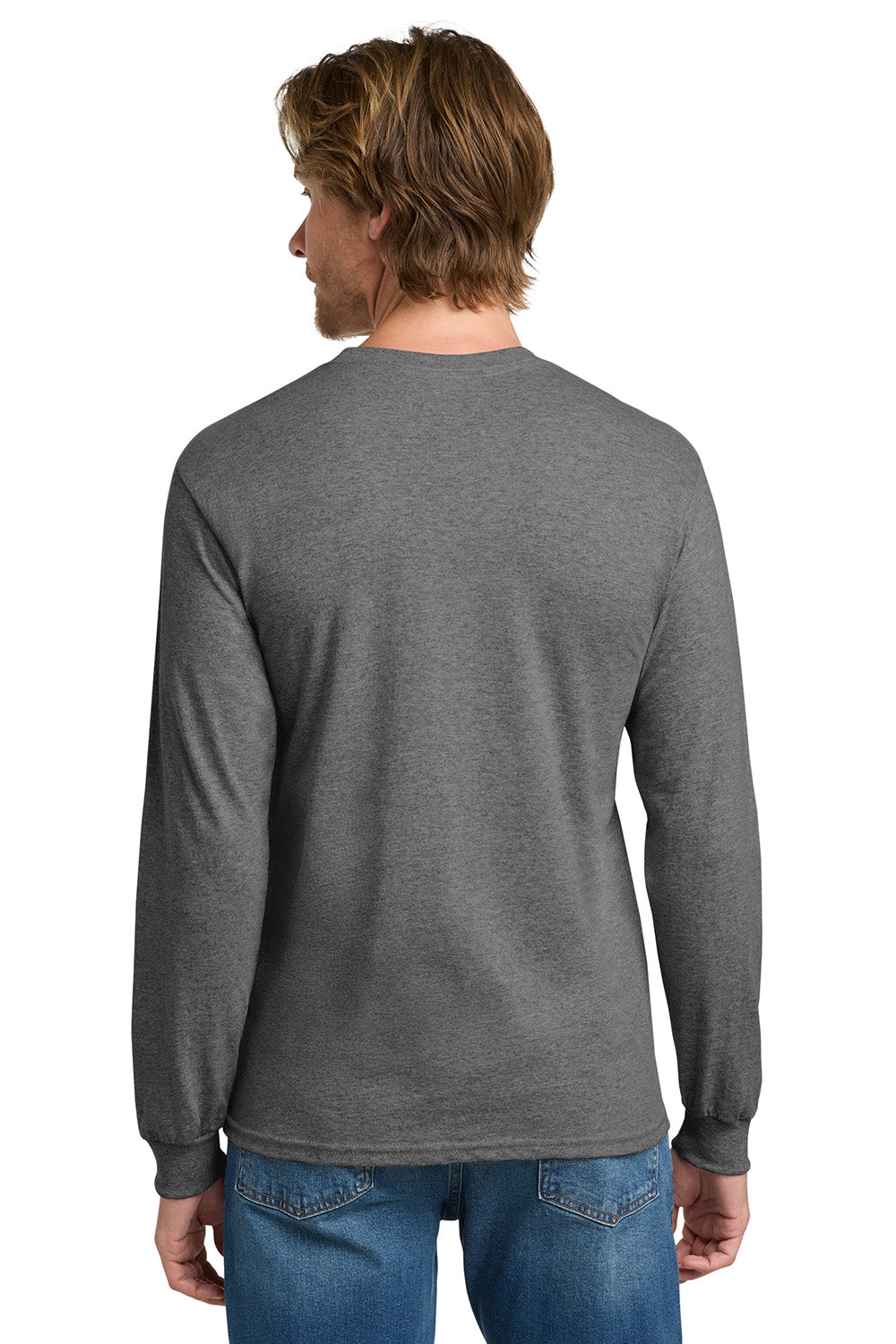 Gildan 5400/G540 Mens Long Sleeve Crewneck T-Shirt Heather Graphite Grey Model Back