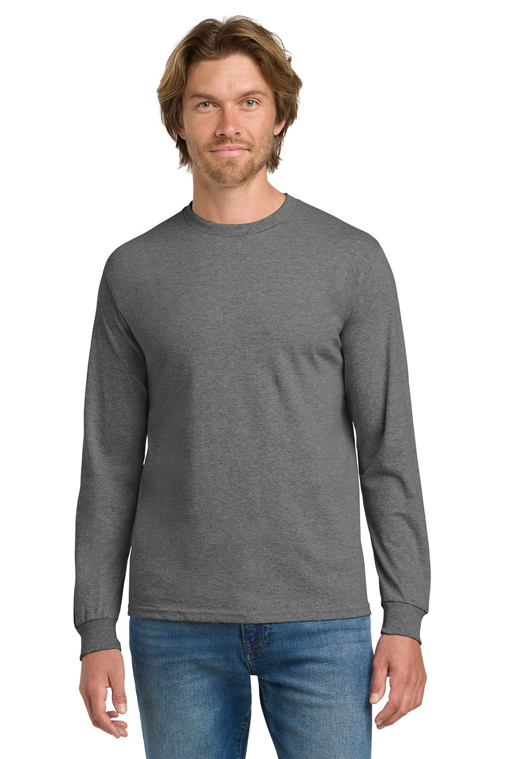 Gildan 5400/G540 Mens Long Sleeve Crewneck T-Shirt Heather Graphite Grey Model Front