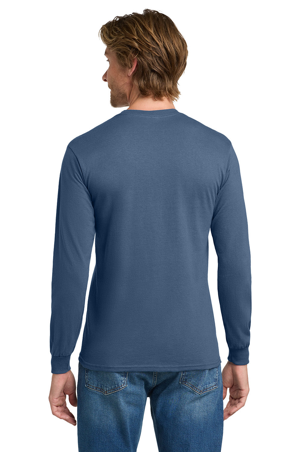 Gildan 5400/G540 Mens Long Sleeve Crewneck T-Shirt Indigo Blue Model Back