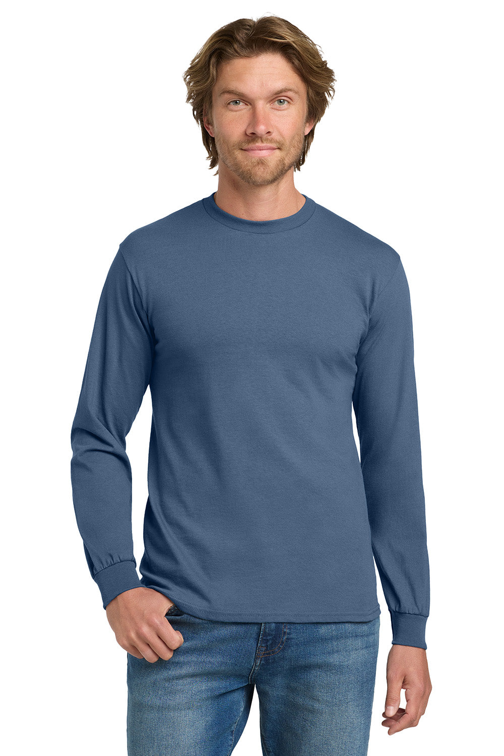 Gildan 5400/G540 Mens Long Sleeve Crewneck T-Shirt Indigo Blue Model Front