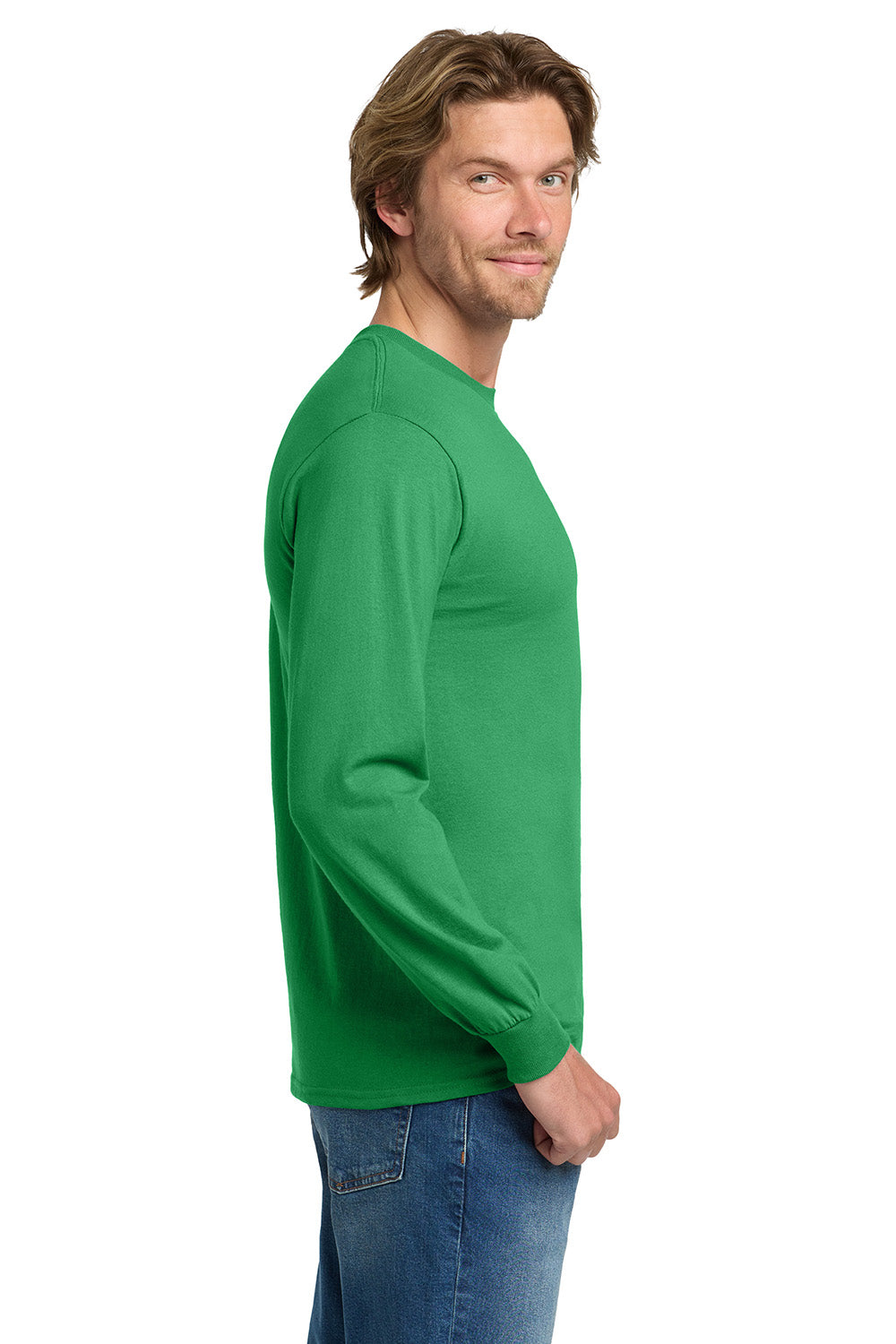 Gildan 5400/G540 Mens Long Sleeve Crewneck T-Shirt Irish Green Model Side