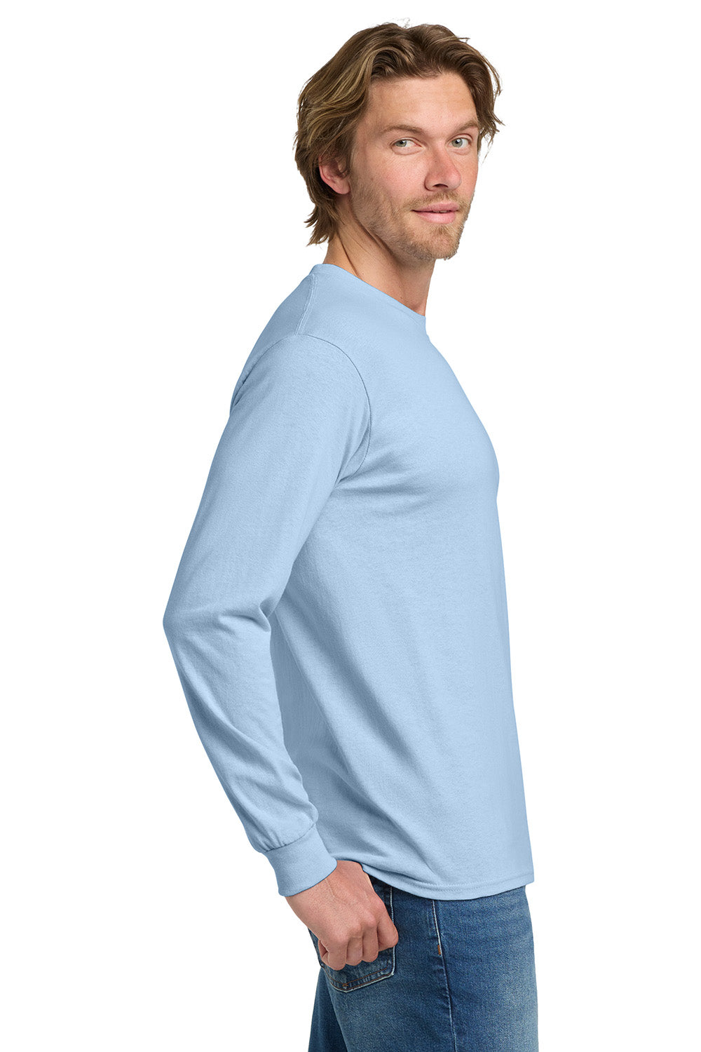 Gildan 5400/G540 Mens Long Sleeve Crewneck T-Shirt Light Blue Model Side