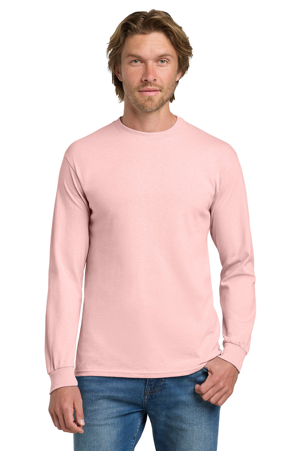 Gildan 5400/G540 Mens Long Sleeve Crewneck T-Shirt Light Pink Model Front