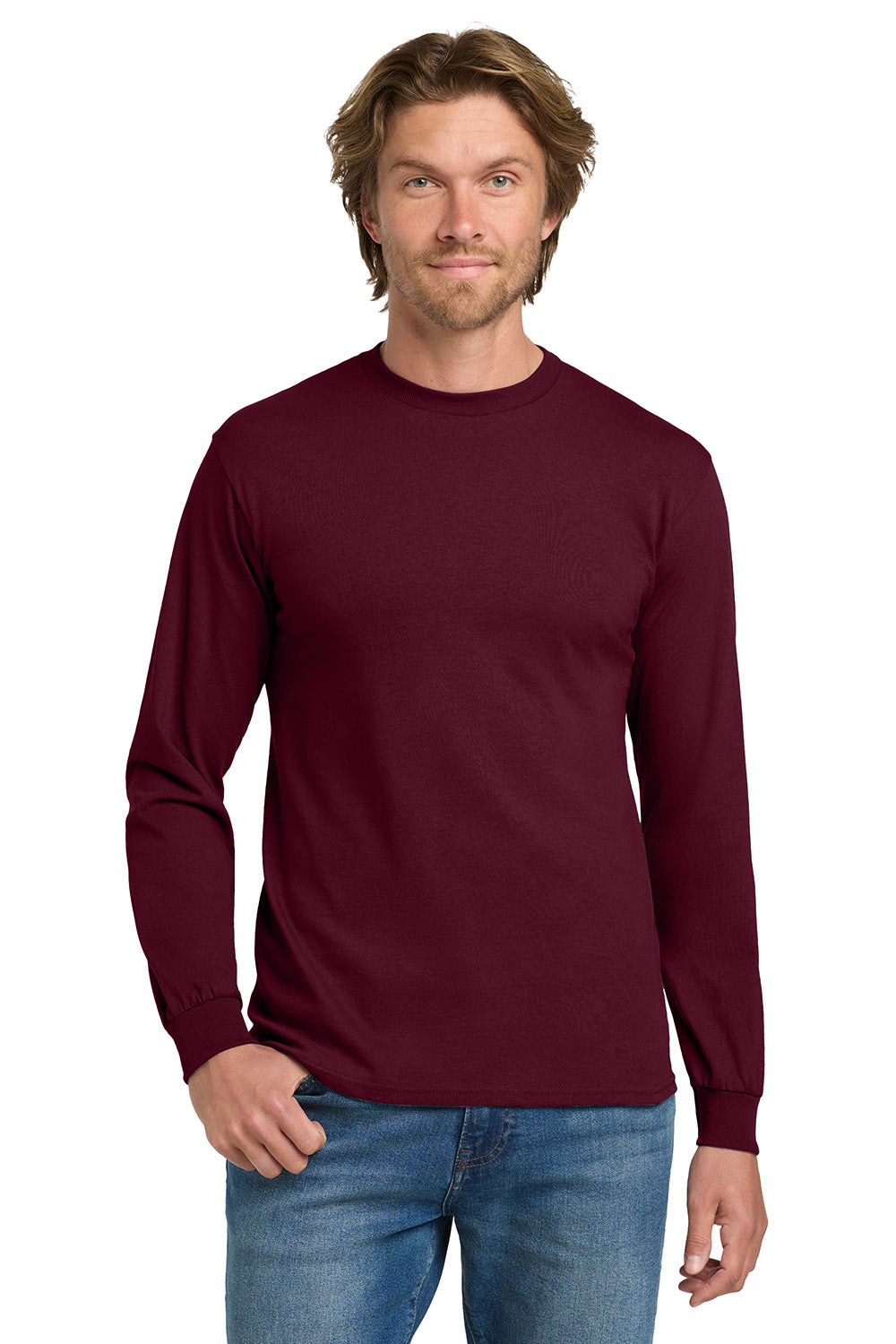 Gildan 5400/G540 Mens Long Sleeve Crewneck T-Shirt Maroon Model Front