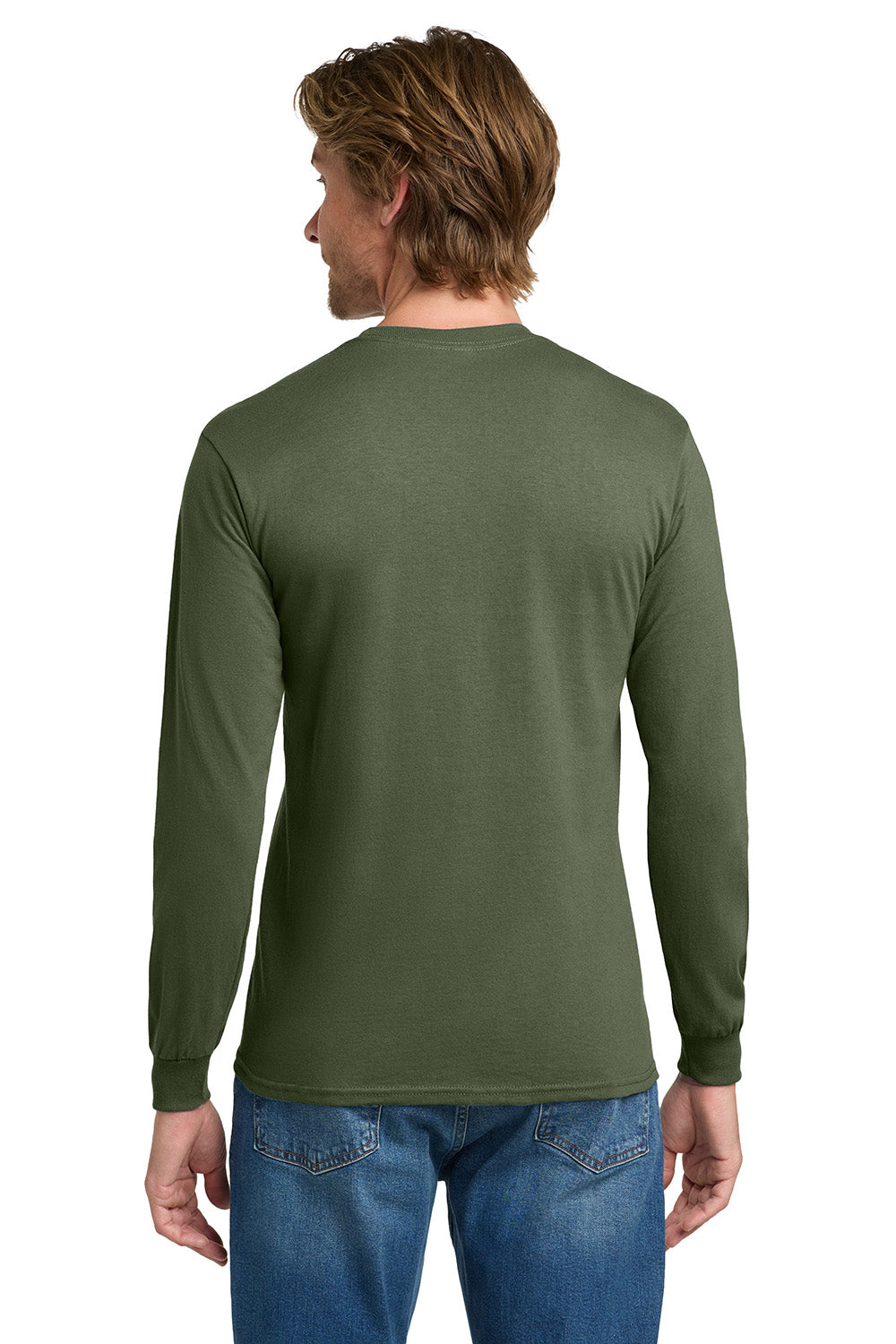 Gildan 5400/G540 Mens Long Sleeve Crewneck T-Shirt Military Green Model Back