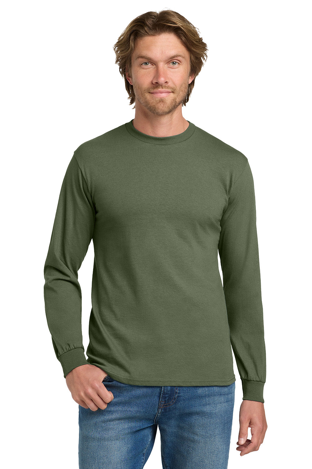 Gildan 5400/G540 Mens Long Sleeve Crewneck T-Shirt Military Green Model Front