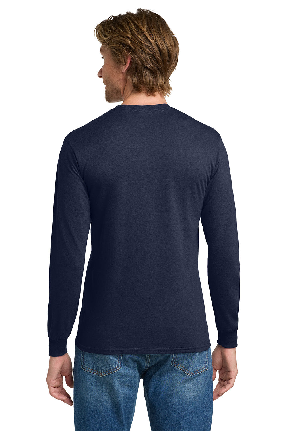 Gildan 5400/G540 Mens Long Sleeve Crewneck T-Shirt Navy Blue Model Back