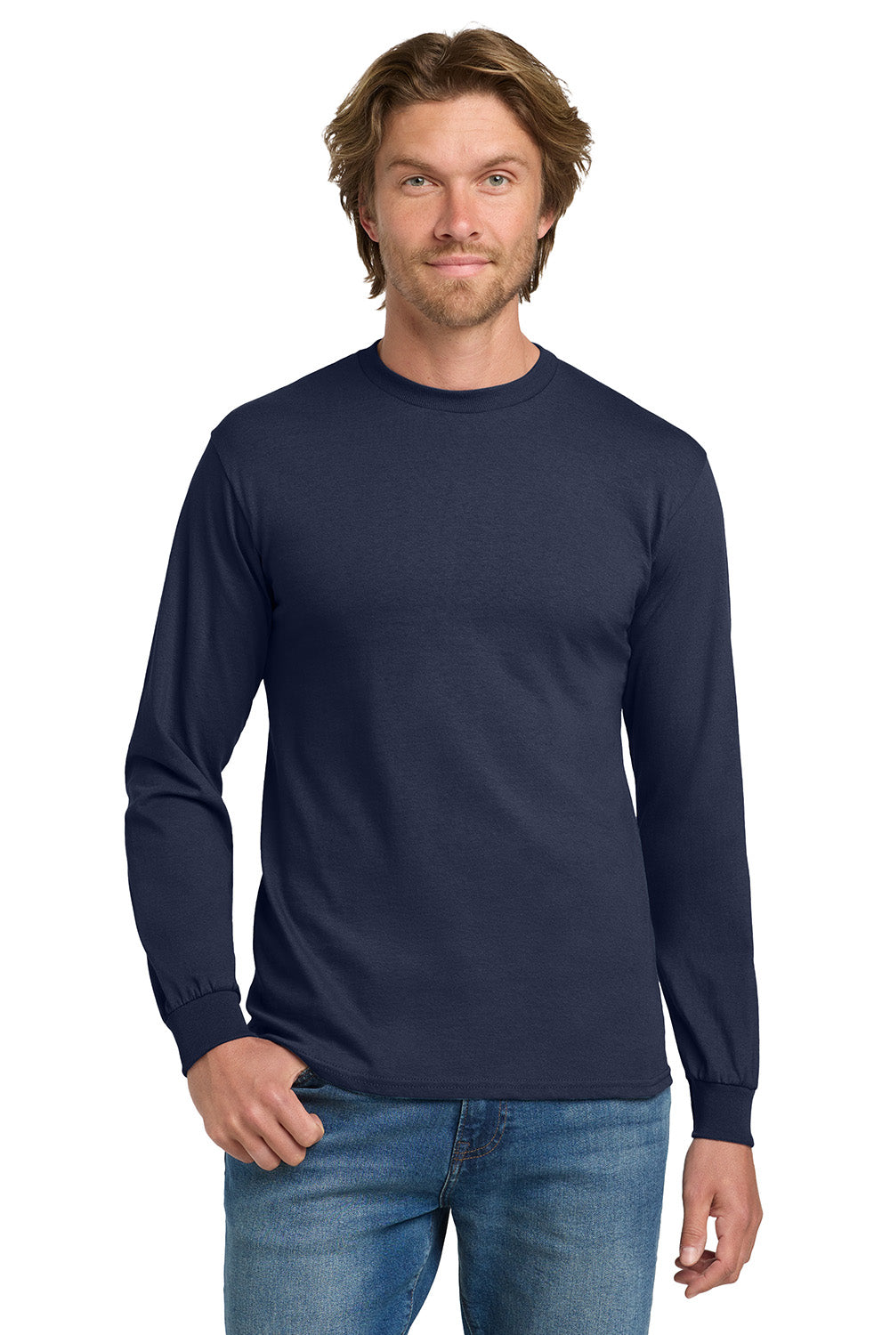 Gildan 5400/G540 Mens Long Sleeve Crewneck T-Shirt Navy Blue Model Front