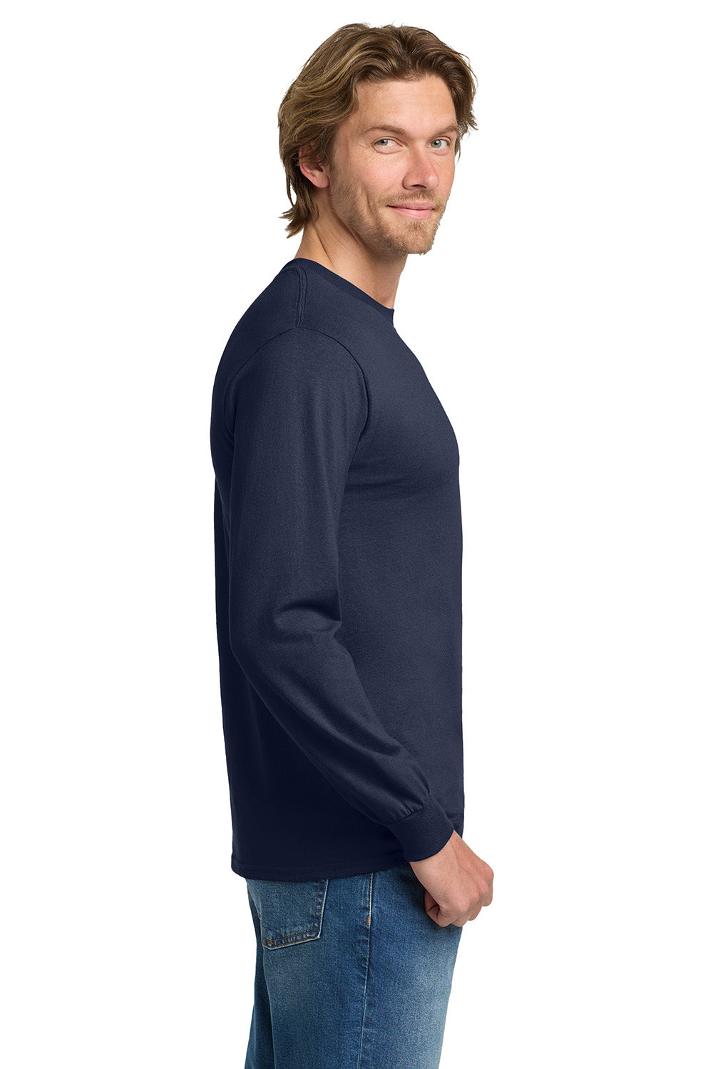 Gildan 5400/G540 Mens Long Sleeve Crewneck T-Shirt Navy Blue Model Side