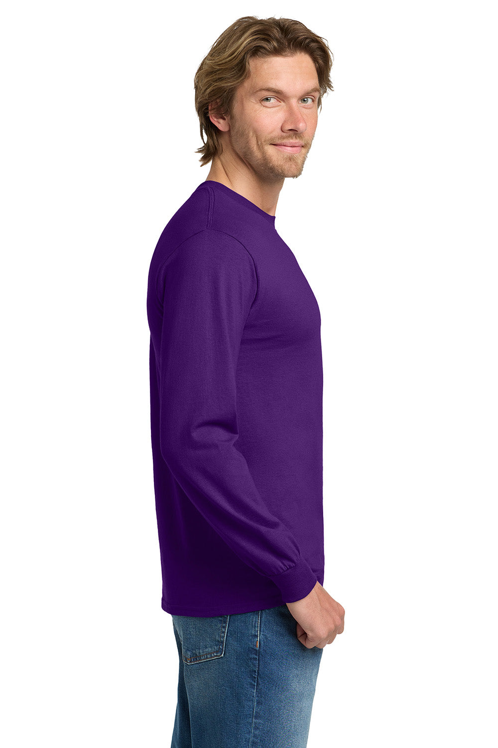 Gildan 5400/G540 Mens Long Sleeve Crewneck T-Shirt Purple Model Side