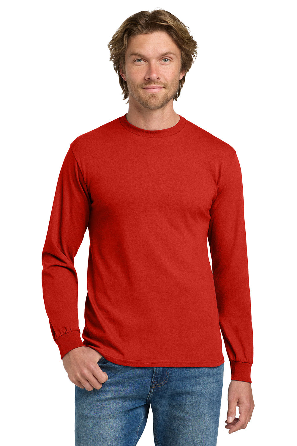 Gildan 5400/G540 Mens Long Sleeve Crewneck T-Shirt Red Model Front