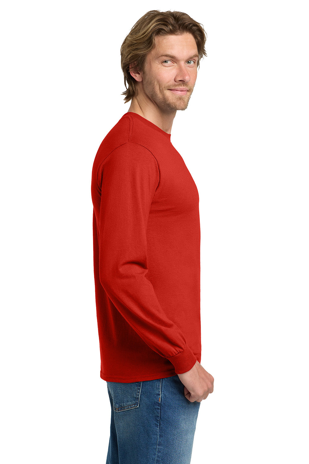 Gildan 5400/G540 Mens Long Sleeve Crewneck T-Shirt Red Model Side