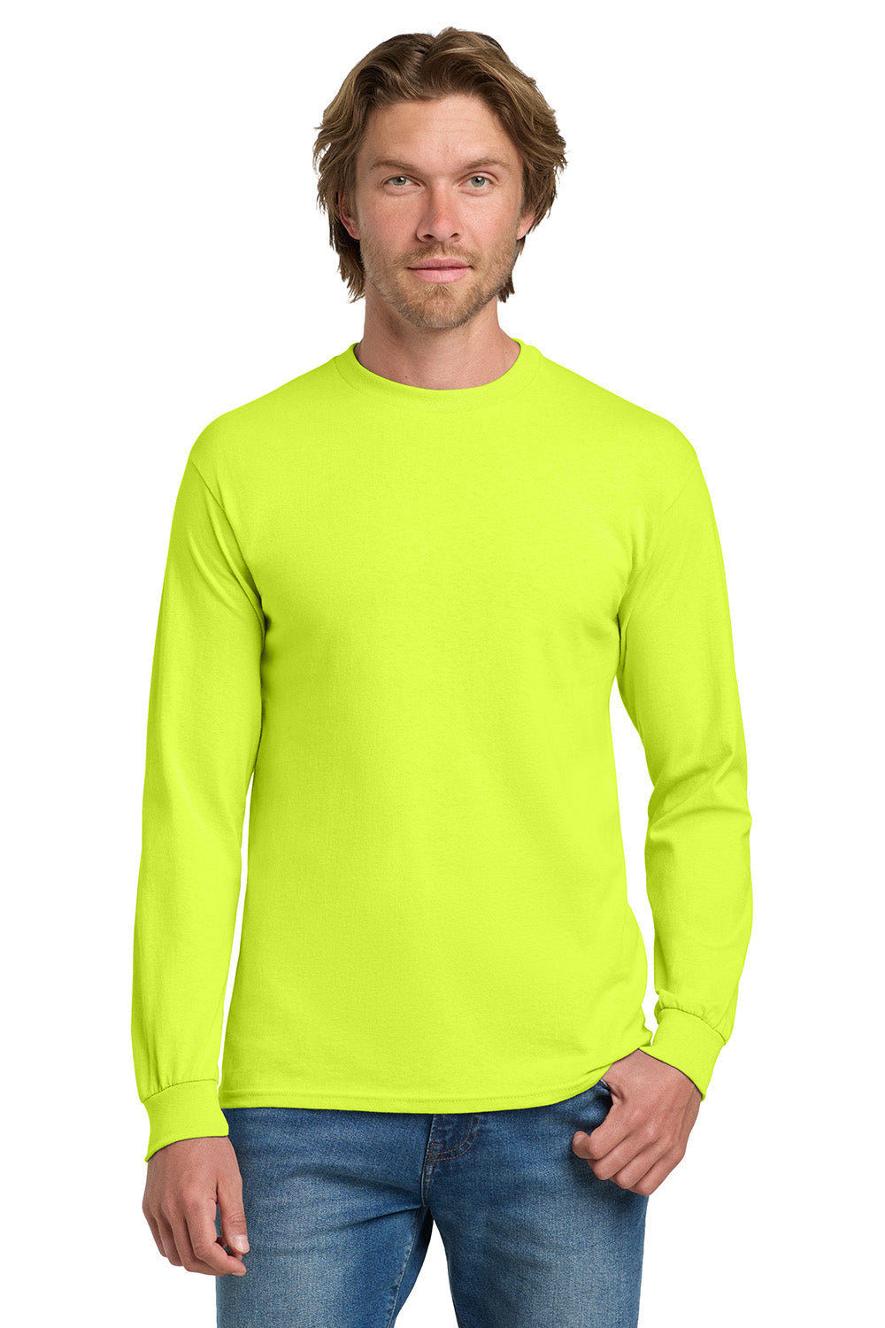 Gildan 5400/G540 Mens Long Sleeve Crewneck T-Shirt Safety Green Model Front