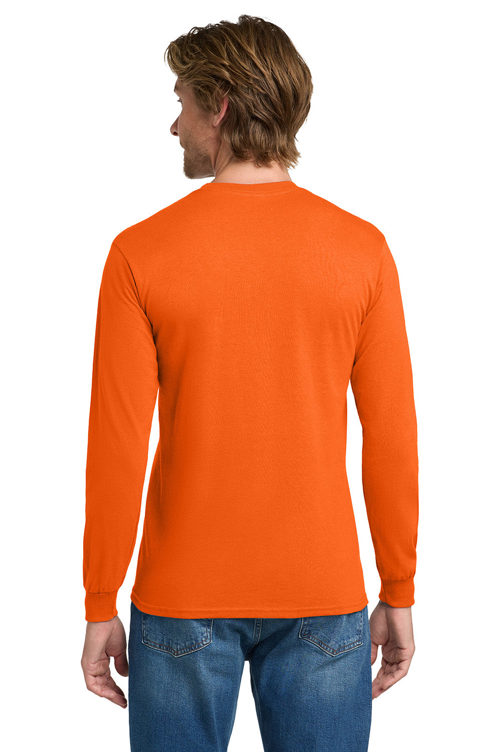 Gildan 5400/G540 Mens Long Sleeve Crewneck T-Shirt Safety Orange Model Back